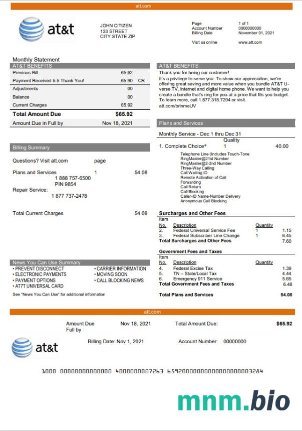 USA Texas AT & T Telekomunikacja rachunek za media szablon w formacie Word i PDF